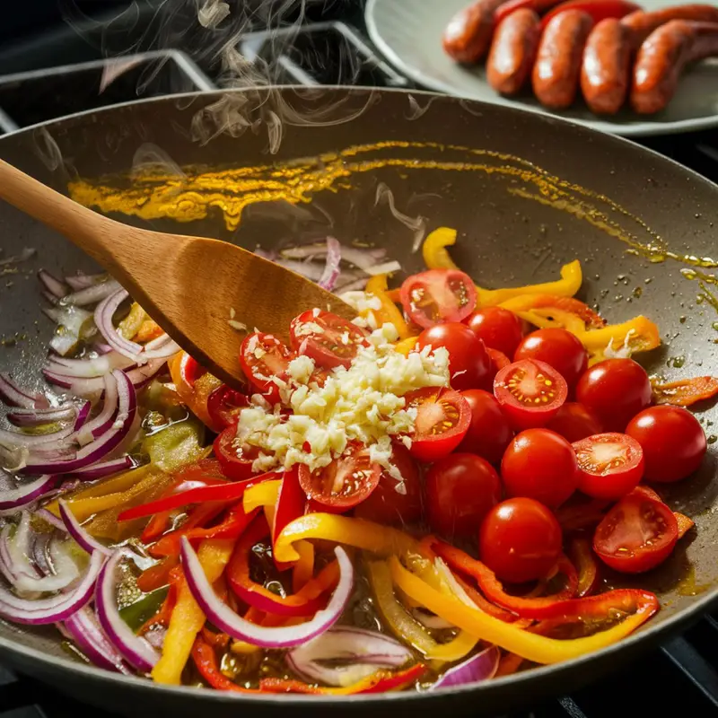 Sautéing Vegetables for Italian Drunken Noodles Recipe – A sizzling pan filled with sliced red and yellow bell peppers, red onions, halved cherry tomatoes, and freshly minced garlic being stirred with a wooden spatula in hot olive oil. Steam rises as the vegetables cook, releasing their flavors. In the background, a plate of Italian sausage is ready to be added, bringing a rich, savory element to this bold and flavorful pasta dish.