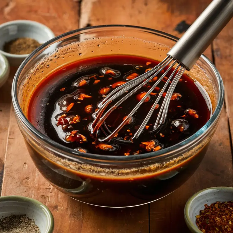 Mixing the Sauce for Italian Drunken Noodles Recipe – A glass bowl filled with a rich, savory sauce made from soy sauce, oyster sauce, balsamic vinegar, red pepper flakes, and Italian seasoning. A stainless steel whisk is partially submerged, blending the bold flavors together. Small bowls of black pepper and chili flakes surround the bowl on a rustic wooden surface, highlighting the fusion of Italian and Asian-inspired ingredients in this flavorful pasta dish.