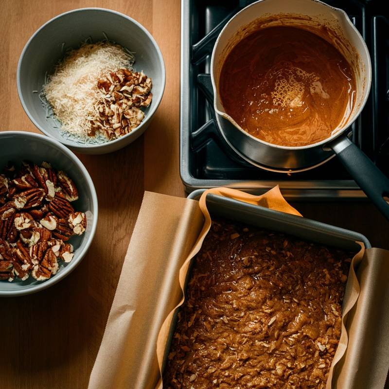 Step-by-step preparation of Upside Down German Chocolate Cake, featuring a rich caramelized topping made with toasted pecans, shredded coconut, and a buttery brown sugar mixture. A saucepan with melted chocolate sits on the stovetop, while a parchment-lined baking pan holds the freshly spread topping. Bowls of pecans and coconut are ready to be incorporated, capturing the essence of this decadent homemade dessert.