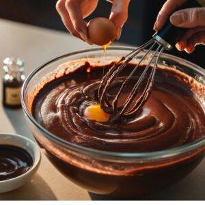 Add eggs one at a time, beating well after each addition. Stir in vanilla and melted chocolate mixture.