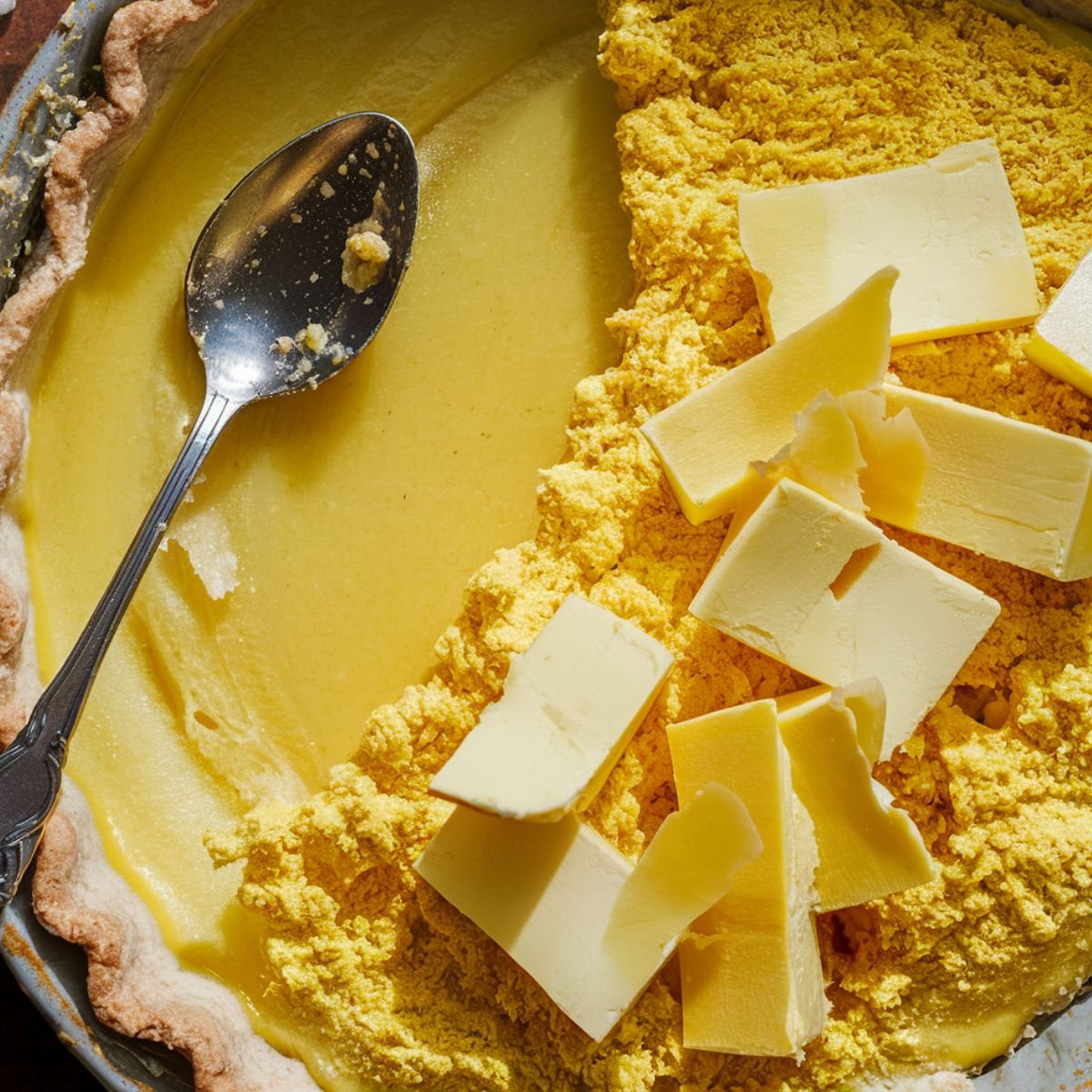 A close-up of an unbaked lemon dump cake in a baking dish, showing smooth lemon filling topped with dry cake mix and scattered slices of butter. A silver spoon with remnants of the mixture rests on the side, highlighting the rustic and homemade preparation process.