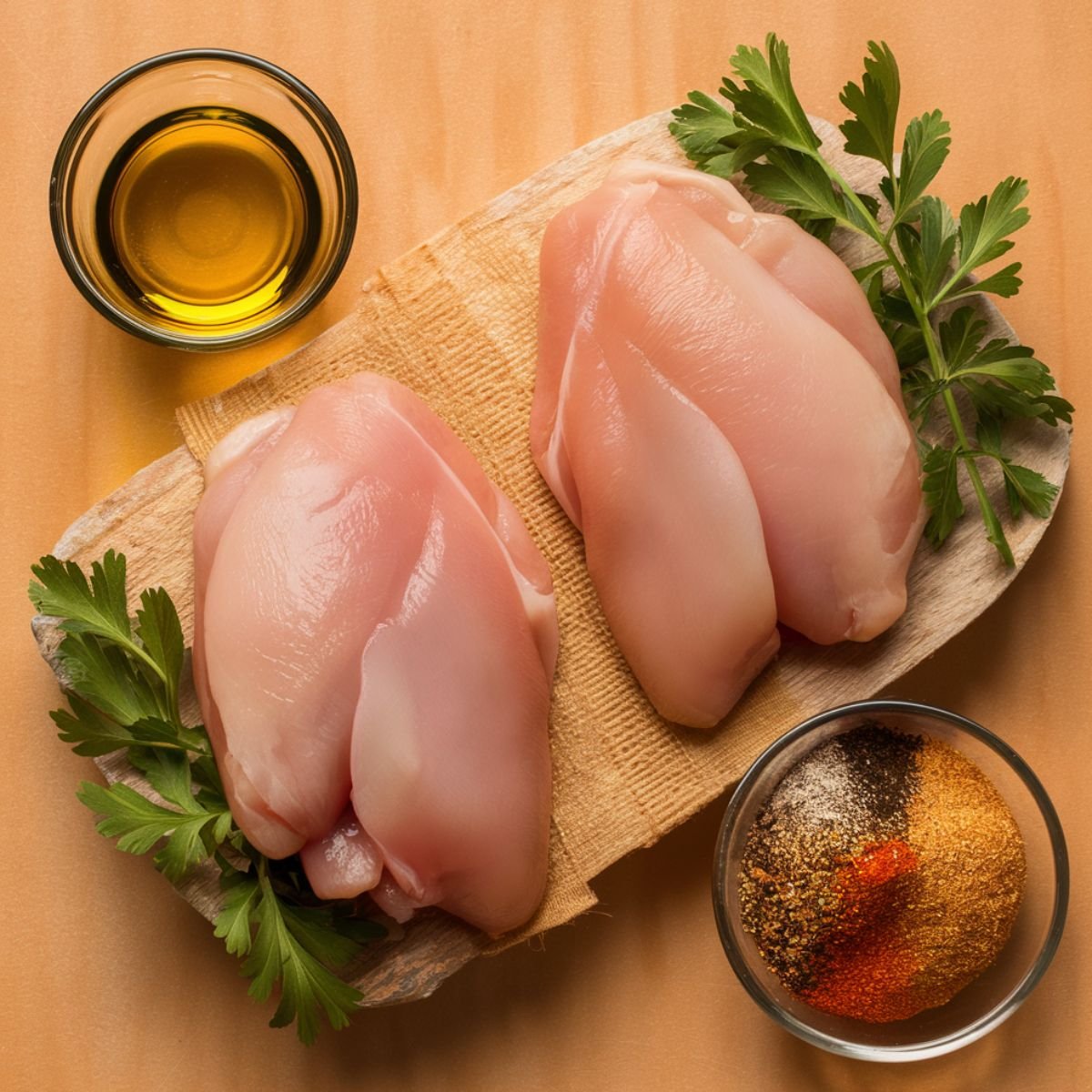 A top-down view of raw chicken breasts on a rustic wooden cutting board, accompanied by fresh parsley sprigs, a small glass bowl of golden olive oil, and a separate bowl containing an assortment of spices, including black pepper, paprika, and other seasonings. The setting features a warm, neutral-toned wooden background, enhancing the fresh and homemade feel of the preparation for a Blackened Chicken Alfredo dish.