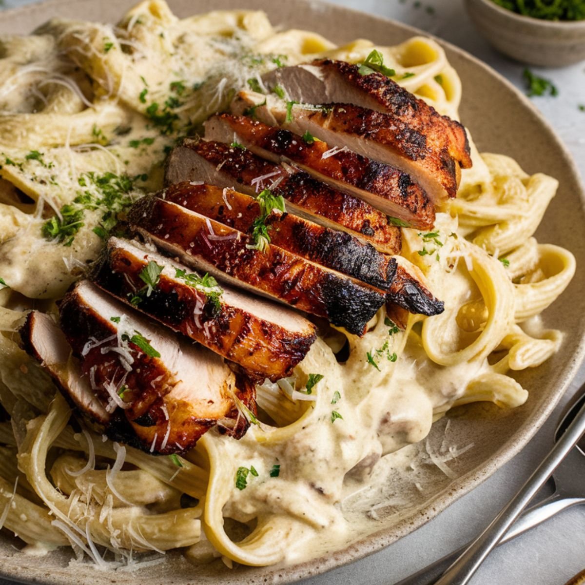 A homemade plate of Blackened Chicken Alfredo featuring creamy fettuccine pasta coated in a rich, smooth Alfredo sauce. On top, there are thick slices of blackened chicken breast, perfectly seared to a deep golden brown with a slightly charred crust, revealing a juicy, tender interior.