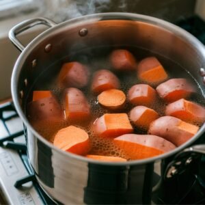 Boil sweet potatoes in a large pot of water for 15-20 minutes until fork-tender.