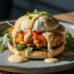 A homemade Crab Cake Benedict with a crispy golden crab cake on a toasted English muffin, topped with a poached egg, fresh arugula, and drizzled with creamy hollandaise sauce. Garnished with fresh herbs, with sauce cascading down the sides onto a rustic ceramic plate. Warm lighting enhances the rich textures and colors.