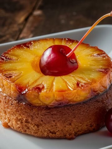 A homemade mini pineapple upside-down cake with a golden-brown base, caramelized pineapple ring, and a glossy red cherry on top, served on a white plate with a rustic wooden background.