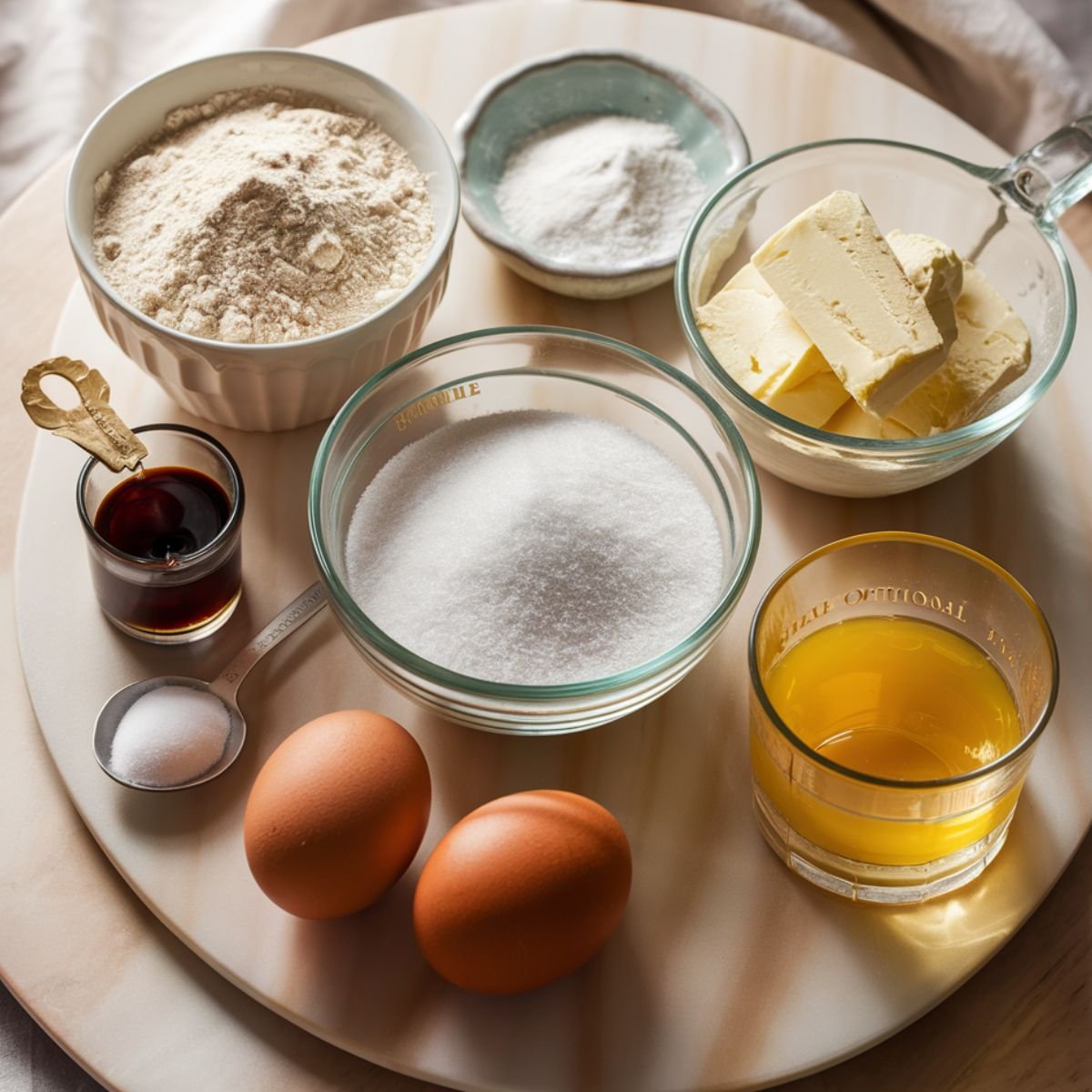 A realistic, high-quality food photography setup displaying ingredients for homemade mini pineapple upside-down cake on a round wooden board. The arrangement includes a ceramic bowl filled with all-purpose flour, a glass bowl of granulated sugar, and a smaller dish containing baking powder. A clear glass measuring cup holds softened butter, neatly cut into cubes.