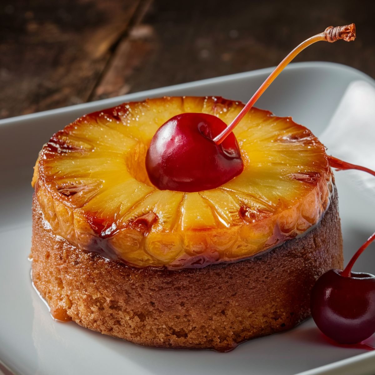 A homemade mini pineapple upside-down cake with a golden-brown base, caramelized pineapple ring, and a glossy red cherry on top, served on a white plate with a rustic wooden background.