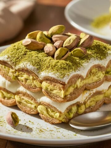 Homemade pistachio tiramisu with coffee-soaked ladyfingers, pistachio mascarpone, and whipped topping, dusted with ground pistachios and garnished with whole pistachios on a white plate.