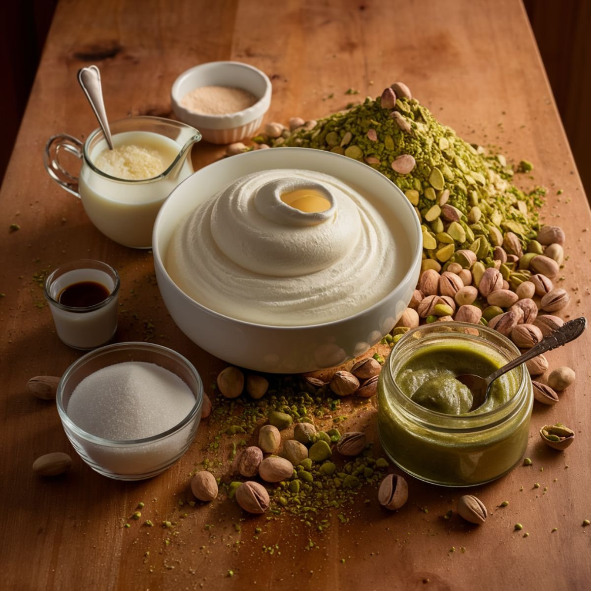 A rustic wooden table with ingredients for homemade pistachio tiramisu: a bowl of creamy mascarpone, a jar of pistachio paste, a mound of crushed and whole pistachios, a glass of milk, sugar, vanilla extract, and gelatin. Warm lighting enhances the rich textures and earthy tones.