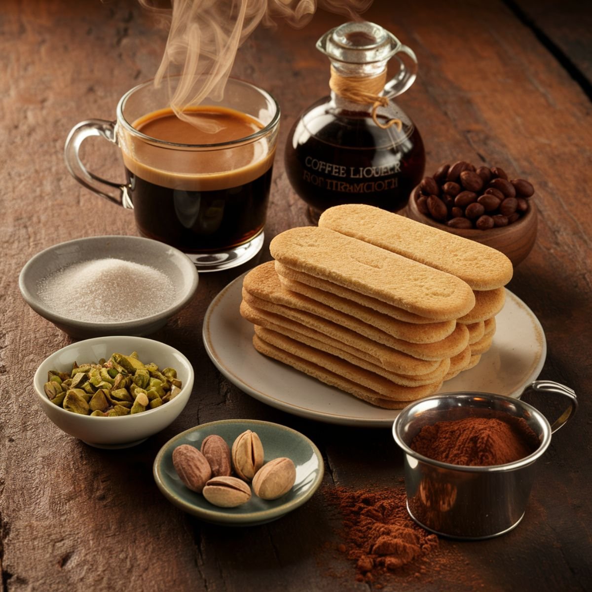 A rustic wooden table with ingredients for homemade pistachio tiramisu: a stack of golden ladyfinger biscuits on a ceramic plate, a steaming glass mug of espresso, a vintage-style coffee liqueur bottle, a metal cup of cocoa powder, and small bowls of sugar, crushed pistachios, whole pistachios, and dark roasted coffee beans. Warm lighting enhances the earthy tones, creating a cozy, artisanal feel.