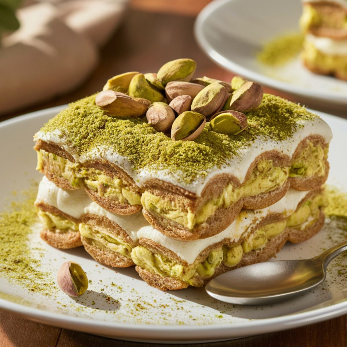 Homemade pistachio tiramisu with coffee-soaked ladyfingers, pistachio mascarpone, and whipped topping, dusted with ground pistachios and garnished with whole pistachios on a white plate.