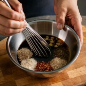 In a medium bowl, whisk together soy sauce, oyster sauce, balsamic vinegar, Italian seasoning, red pepper flakes, and black pepper until well combined. Set aside.