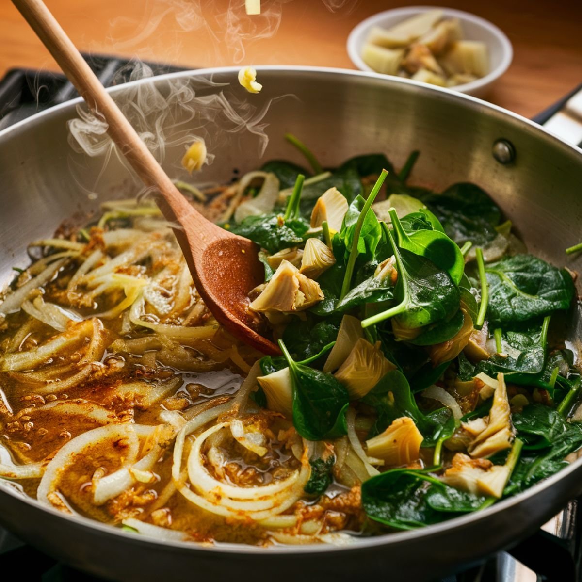 close-up of a stainless steel skillet filled with sautéing onions, fresh spinach, and chopped artichokes. The onions are golden and slightly caramelized, sizzling in olive oil with small bits of minced garlic visible.