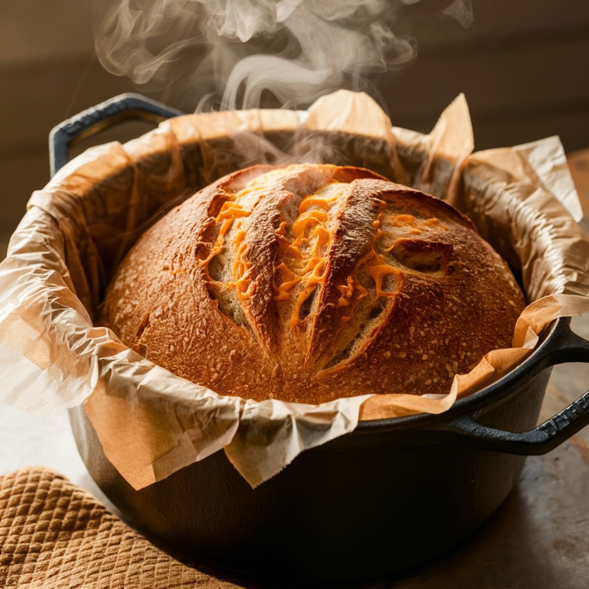 Freshly baked jalapeño cheddar sourdough in a parchment-lined cast iron Dutch oven, with steam rising from its golden, crispy crust and melted cheese bubbling through the deep scores.