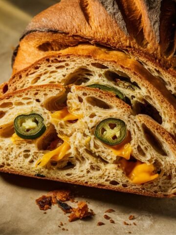 Homemade jalapeño cheddar sourdough with a crispy, golden-brown crust, airy crumb, spicy jalapeño slices, and gooey melted cheddar, sliced open on a parchment-lined surface with scattered crumbs.