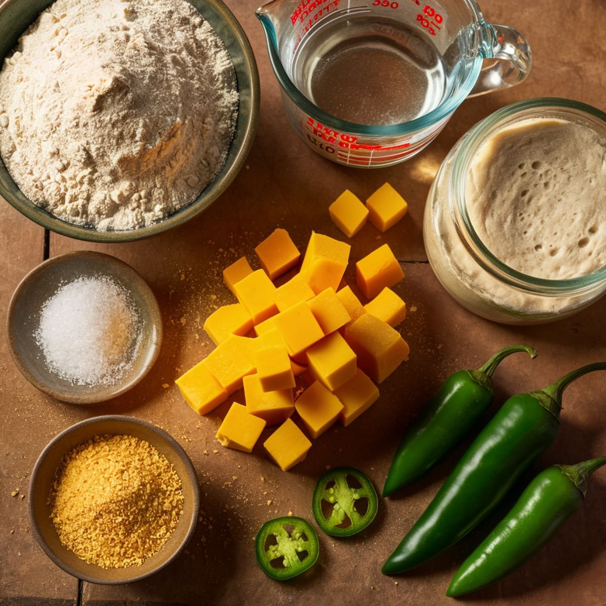 Ingredients for homemade jalapeño cheddar sourdough, including flour, water, sourdough starter, cheddar cubes, fresh jalapeños, salt, and cornmeal, arranged on a rustic wooden surface.