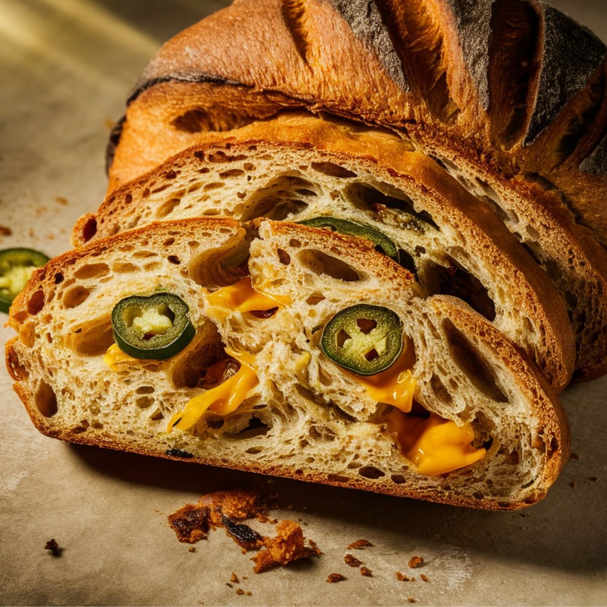 Homemade jalapeño cheddar sourdough with a crispy, golden-brown crust, airy crumb, spicy jalapeño slices, and gooey melted cheddar, sliced open on a parchment-lined surface with scattered crumbs.