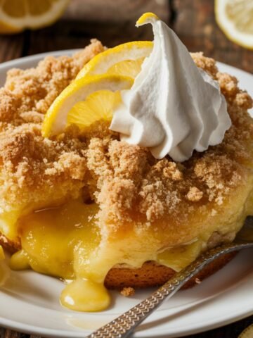 Homemade lemon dump cake with a crumbly topping, oozing lemon filling, whipped cream, and fresh lemon wedges on a white plate with a spoon.