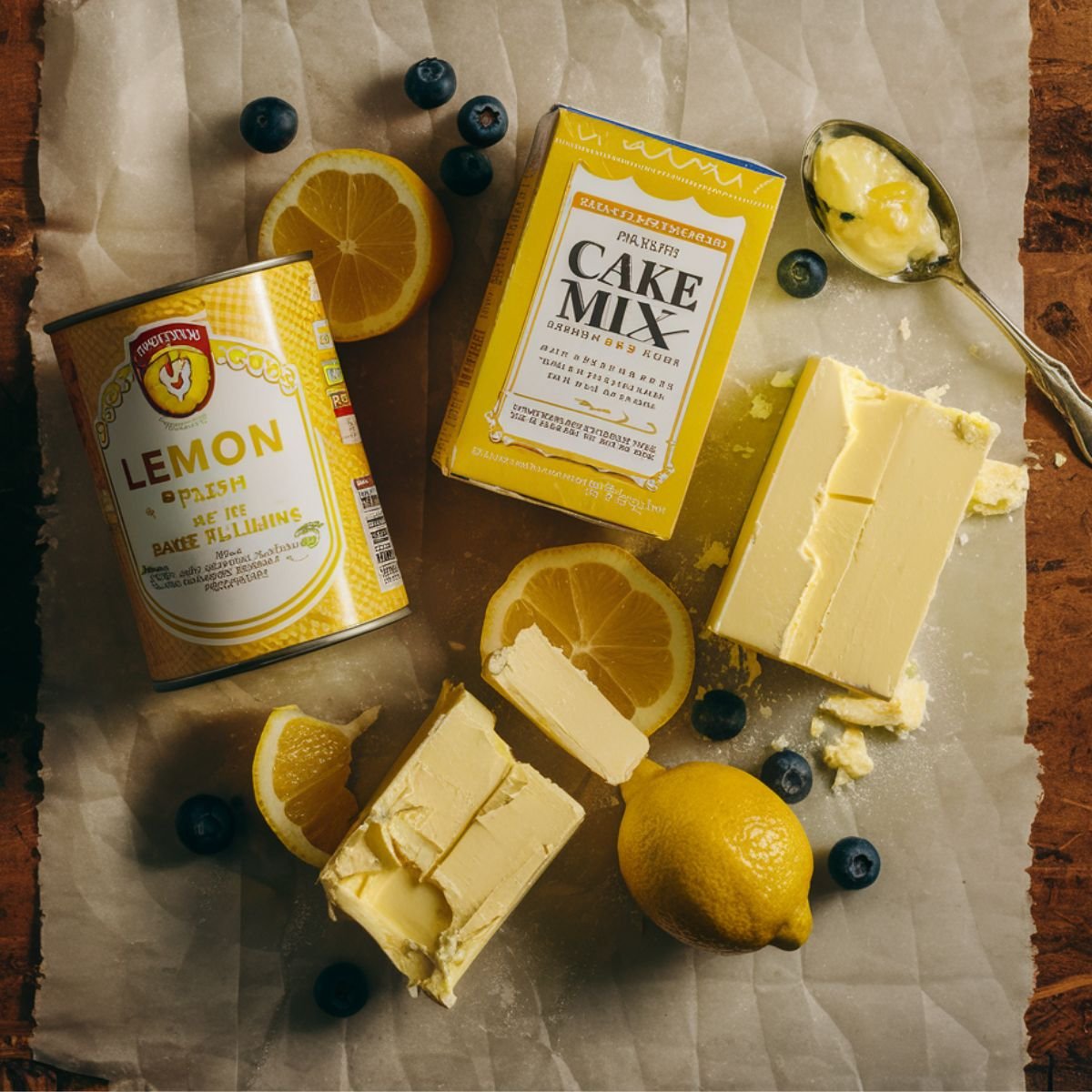 Ingredients for a lemon dump cake arranged on parchment paper, including a can of lemon pie filling, a box of cake mix, butter cut into chunks, fresh lemons, and scattered blueberries. A spoon with lemon filling rests nearby, adding a rustic homemade touch.