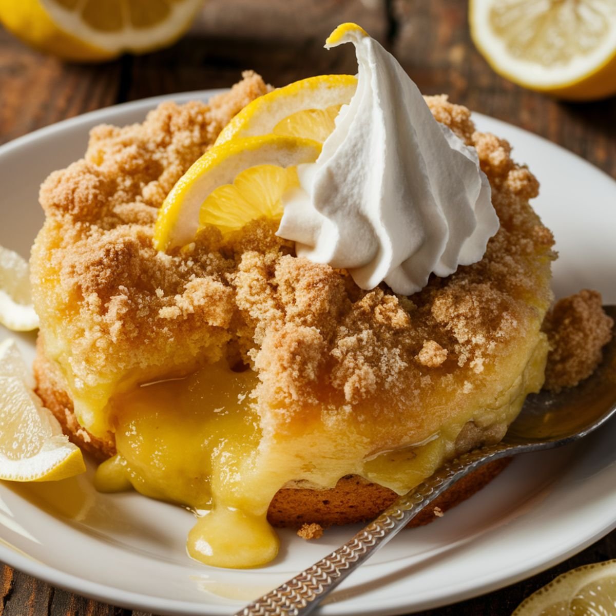 Homemade lemon dump cake with a crumbly topping, oozing lemon filling, whipped cream, and fresh lemon wedges on a white plate with a spoon.