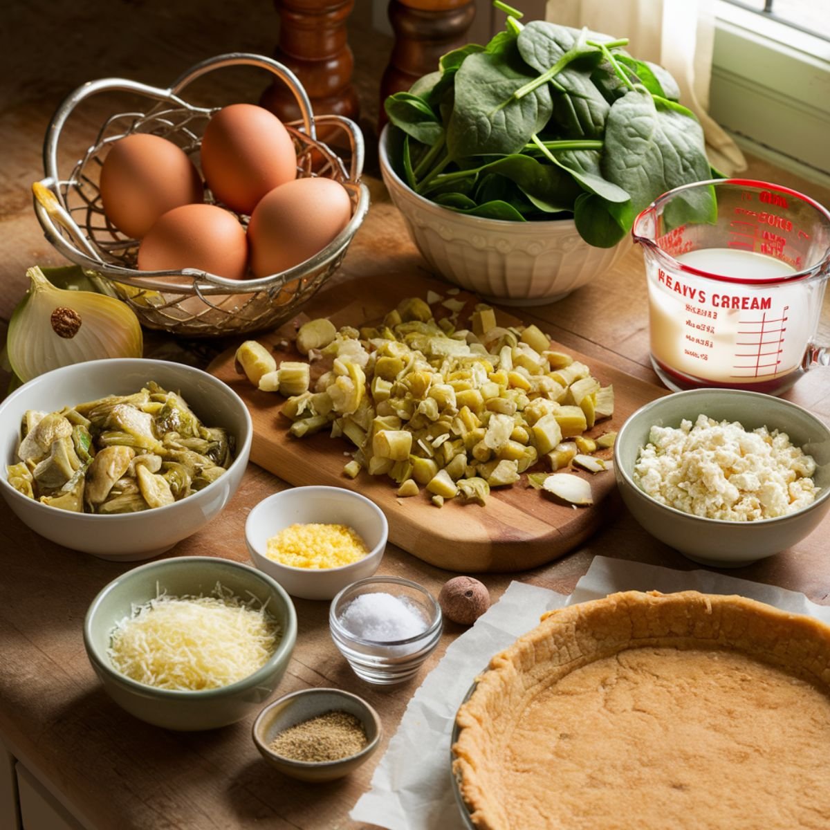 A rustic kitchen scene with fresh ingredients for homemade spinach artichoke quiche, including a par-baked crust, chopped artichokes, spinach, eggs, cream, cheeses, and seasonings on a wooden countertop.