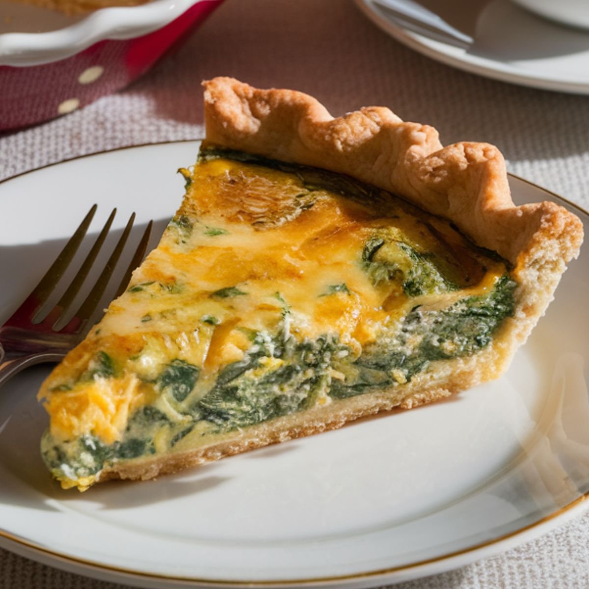 A homemade slice of spinach artichoke quiche with a golden crust, creamy filling, and vibrant spinach, served on a white and gold-rimmed plate with a fork.