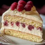 A slice of homemade Bavarian cream cake with two layers of moist vanilla sponge, filled and topped with creamy Bavarian filling and whole tart cherries. The cake is topped with whipped cream swirls and more cherries, served on a white plate with a silver fork.