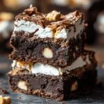 Stacked homemade smores brownies with fudgy chocolate layers, gooey marshmallow, macadamia nuts, and a cracked chocolate top, resting on a dark surface with scattered crumbs.