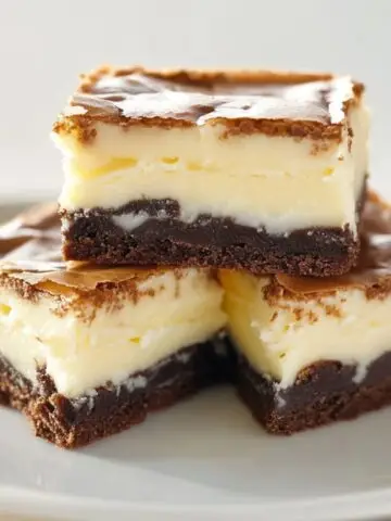 Three homemade vanilla cheesecake brownies stacked on a white plate, with a fudgy chocolate base, creamy vanilla layer, and a golden, slightly cracked top crust, lit softly to highlight the rich, real textures.
