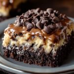 A rich slice of homemade German chocolate poke cake topped with gooey coconut-pecan filling, melted chocolate, and chocolate chips, served on a gray plate.
