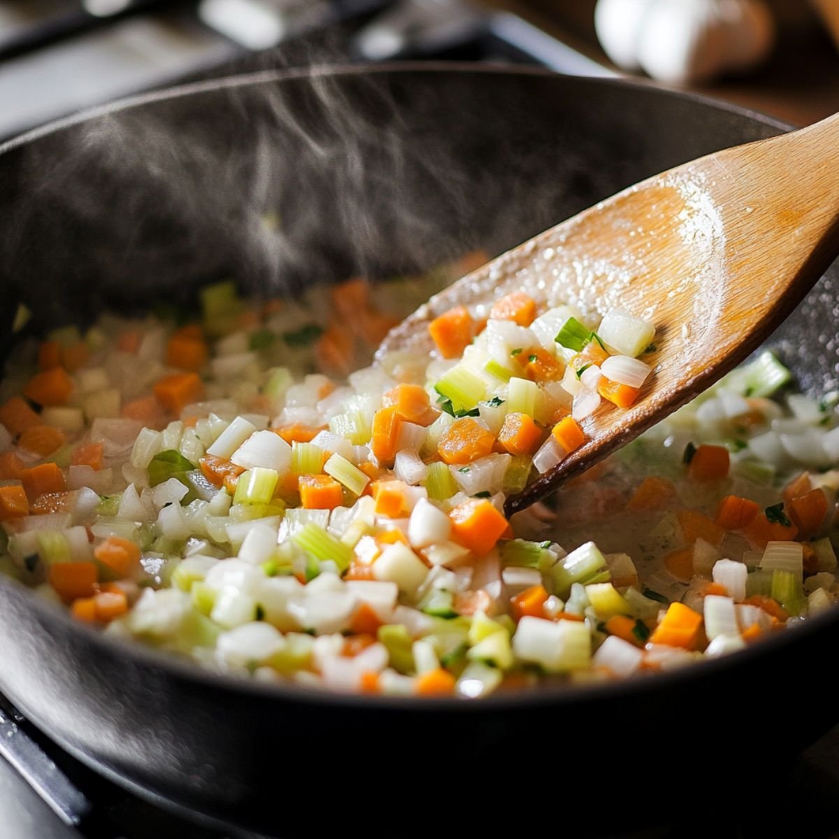 Diced onions, carrots, and celery sautéing in a cast iron skillet with steam rising, stirred with a wooden spatula.