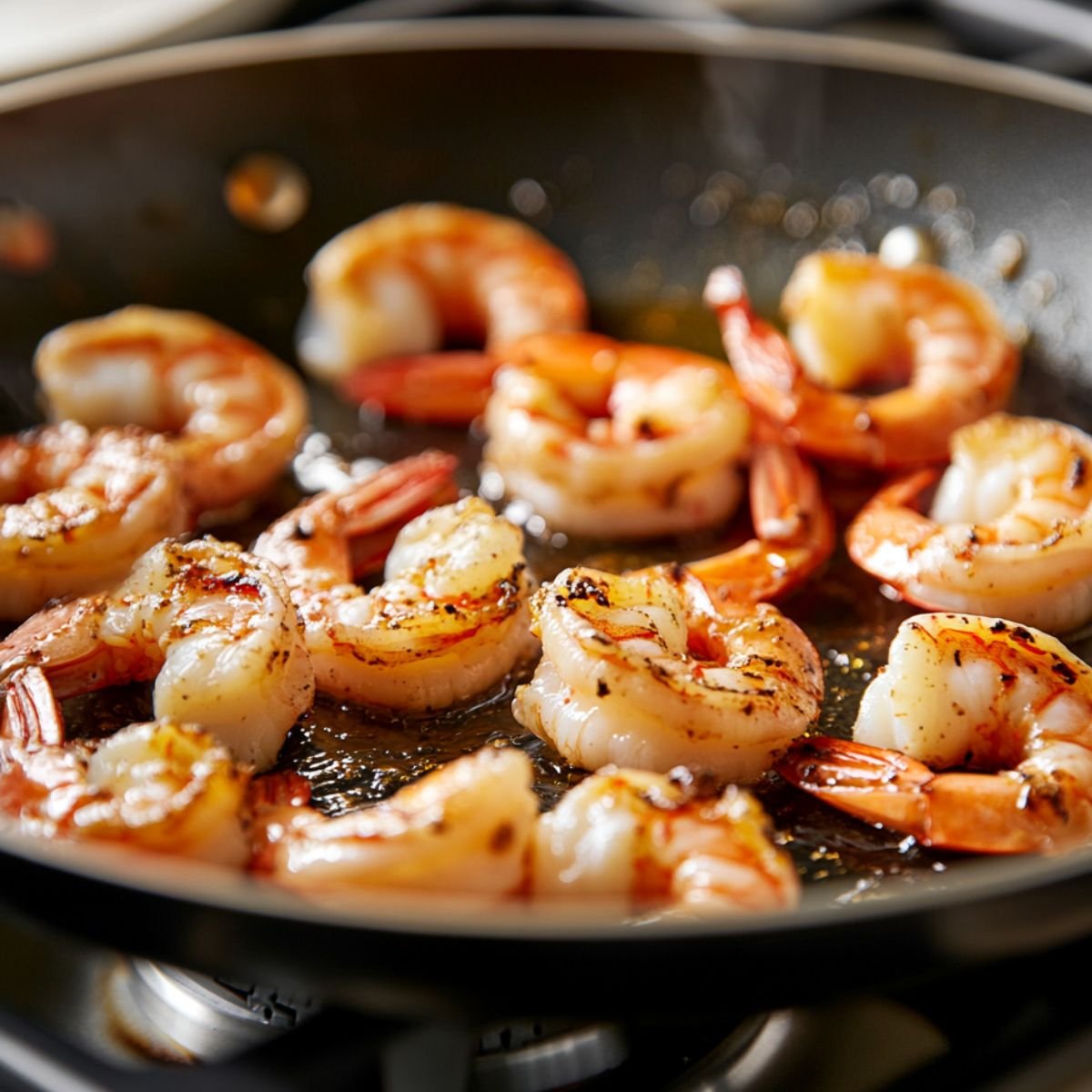 Shrimp searing in a skillet with golden edges, cooked in olive oil for creamy shrimp pasta.