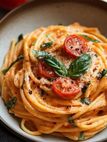 Homemade creamy tomato pasta topped with cherry tomatoes, fresh basil, Parmesan, and black pepper in a rustic bowl.