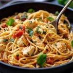 A skillet of homemade Chicken Spaghetti Recipe with golden noodles, juicy chicken chunks, fresh tomato sauce, and garnished with parsley and basil. A fork rests in the pasta, highlighting its warm, rustic, just-cooked appeal.