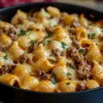 Homemade creamy beef and shells pasta with melted cheese, ground beef, and fresh parsley in a skillet.