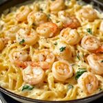 Homemade creamy shrimp pasta with fettuccine, tender shrimp, black pepper, and fresh parsley in a rich garlic cream sauce.