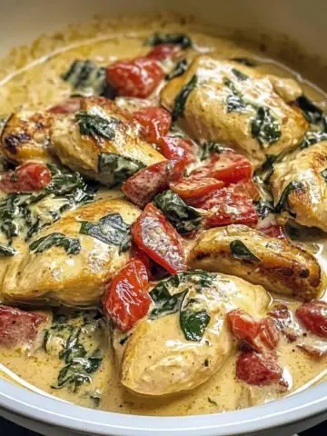 Homemade creamy Tuscan chicken with seared chicken breasts in a garlic parmesan cream sauce, mixed with spinach and juicy tomatoes in a white skillet. Rich, rustic, and freshly cooked.