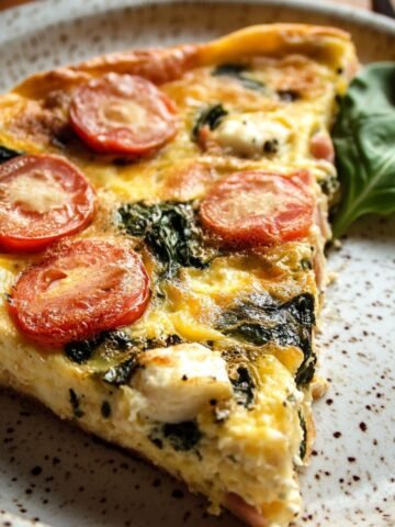Homemade Frittata Recipe slice with cherry tomatoes, spinach, and cheese on a rustic ceramic plate, garnished with a fresh spinach leaf.