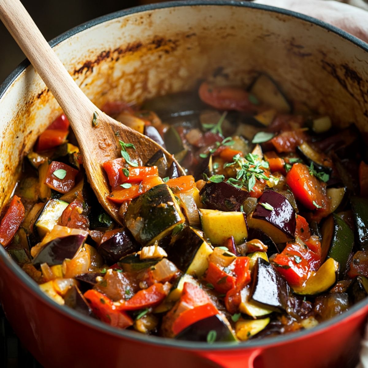 Homemade ratatouille simmering in a red Dutch oven, with tender chunks of eggplant, zucchini, tomatoes, and peppers gently folded together in a rich tomato base, garnished with fresh herbs.