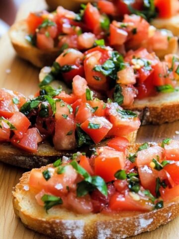 Homemade bruschetta with toasted bread topped with fresh diced tomatoes, basil, garlic, and olive oil on a wooden board.