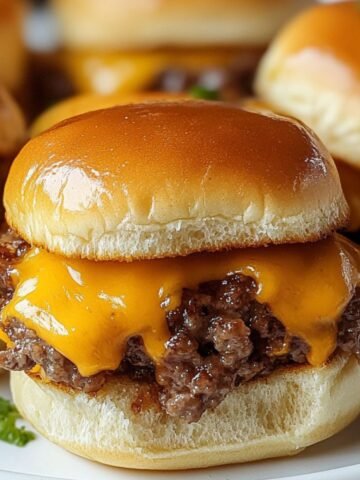 Homemade cheeseburger sliders on a white plate with melted cheddar, juicy ground beef, and golden Hawaiian rolls, garnished with parsley.