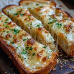 Homemade cheesy garlic bread topped with melted cheese and parsley, cut into slices with golden, crispy edges and gooey cheese pulls.