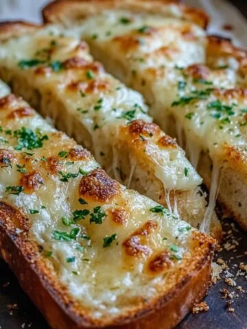 Homemade cheesy garlic bread topped with melted cheese and parsley, cut into slices with golden, crispy edges and gooey cheese pulls.