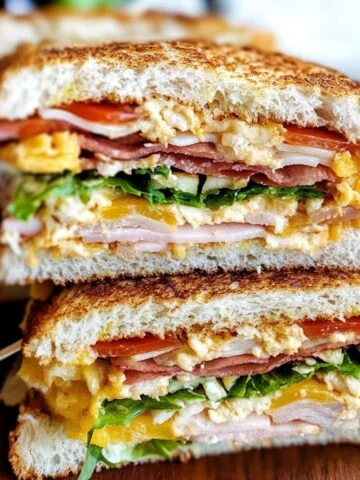Homemade triple-decker club sandwich with toasted bread, turkey, ham, bacon, lettuce, tomato, scrambled eggs, cheddar cheese, and mayo, sliced and stacked on a wooden board with toothpicks.