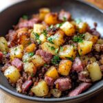 Homemade corned beef hash with crispy potatoes, tender corned beef, and fresh parsley garnish