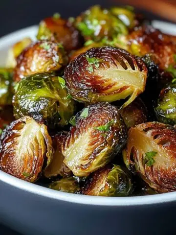 Homemade crispy Brussels sprouts, roasted to golden brown with caramelized edges, halved and topped with fresh parsley in a ceramic bowl.