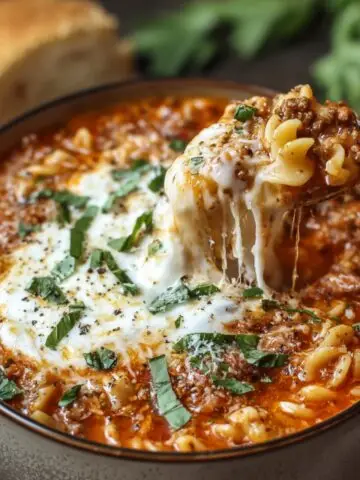 Homemade Lasagna Soup Recipe in a rustic bowl with curly pasta, ground beef, rich tomato broth, melted mozzarella, fresh basil, and a spoon lifting a cheesy bite, served with crusty bread in the background.