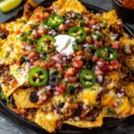 Homemade Nachos Recipe in a cast iron skillet, loaded with melted cheese, seasoned beef, black beans, fresh pico de gallo, jalapeños, olives, and a dollop of sour cream, with lime and salsa on the side.