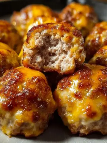 Homemade sausage balls on a plate, golden-brown with melted cheddar on top, one showing a tender, juicy inside from a bite.